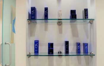 A display shelf with skincare products offered for sale at The K Spa in Atlanta GA.
