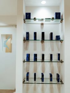 A display shelf with skincare products offered for sale at The K Spa in Atlanta GA.