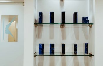 A display shelf with skincare products offered for sale at The K Spa in Atlanta GA.