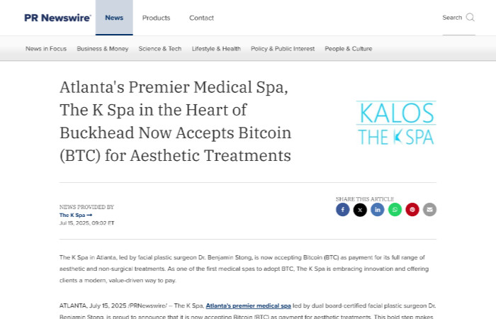 Screenshot of a news article announcing that The K Spa, a medical spa in Atlanta, now accepts Bitcoin (BTC) for aesthetic treatments; includes the spa's logo and article sharing options.