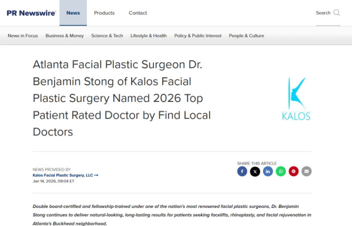 Screenshot of a PR Newswire article announcing Dr. Benjamin Stong as the 2026 top patient-rated facial plastic surgeon, with the Kalos logo on the right.