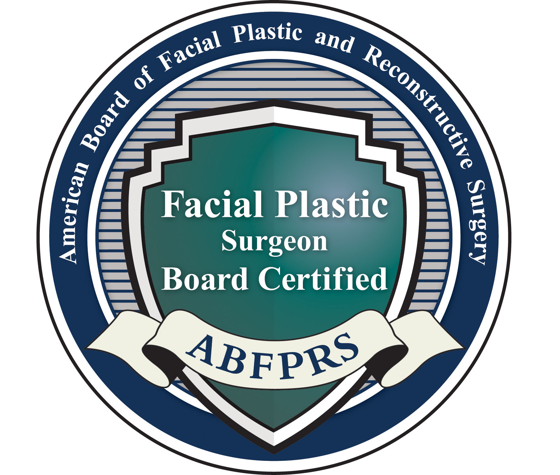 A circular official seal with text stating "Facial Plastic Surgeon Board Certified ABFPRS" and "American Board of Facial Plastic and Reconstructive Surgery.