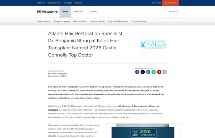 Screenshot of a PRNewswire article announcing Dr. Benjamin Stong of Kalos Plastic Surgery as a 2026 Castle Connolly Top Doctor.