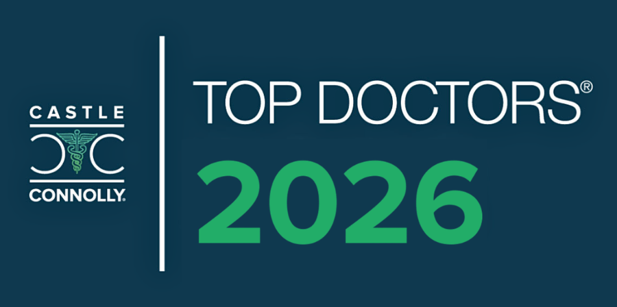 Castle Connolly Top Doctors 2026 logo featuring the Castle Connolly emblem and large green text on a dark blue background.