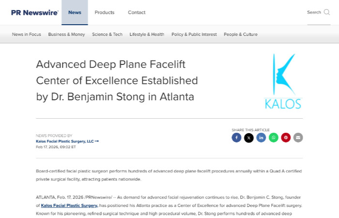 Screenshot of a PRNewswire article announcing the establishment of an Advanced Deep Plane Facelift Center of Excellence by Dr. Benjamin Stong in Atlanta, with the Kalos logo displayed.
