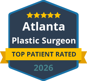 Badge showing "Atlanta Plastic Surgeon, Top Patient Rated 2026" with five stars at the top and a yellow ribbon across the center.