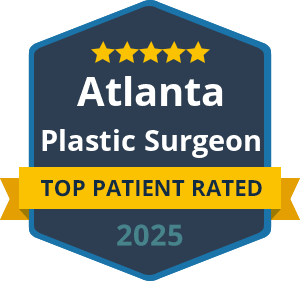 A badge displaying "Atlanta Plastic Surgeon Top Patient Rated 2025" with five stars at the top.