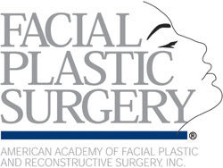 Logo of the American Academy of Facial Plastic and Reconstructive Surgery featuring a profile outline of a face and the text “Facial Plastic Surgery.”.