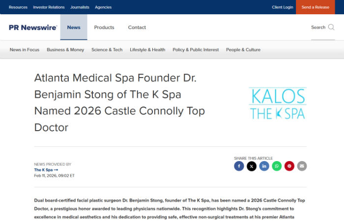 Screenshot of a news article announcing Dr. Benjamin Stong of The K Spa as the 2026 Castle Connolly Top Doctor, featuring the KALOS THE K SPA logo.