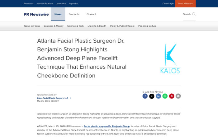 Screenshot of a PR Newswire article headline about Dr. Benjamin Stong highlighting an advanced deep plane facelift technique for natural cheekbone definition, with the KALOS logo visible.