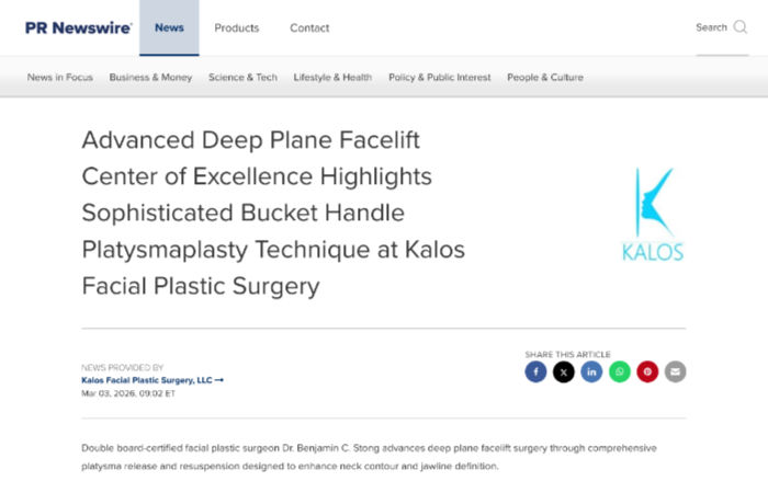 Screenshot of a PR Newswire article headline discussing advanced deep plane facelift and platysmaplasty technique at Kalos Facial Plastic Surgery, with the Kalos logo on the right.