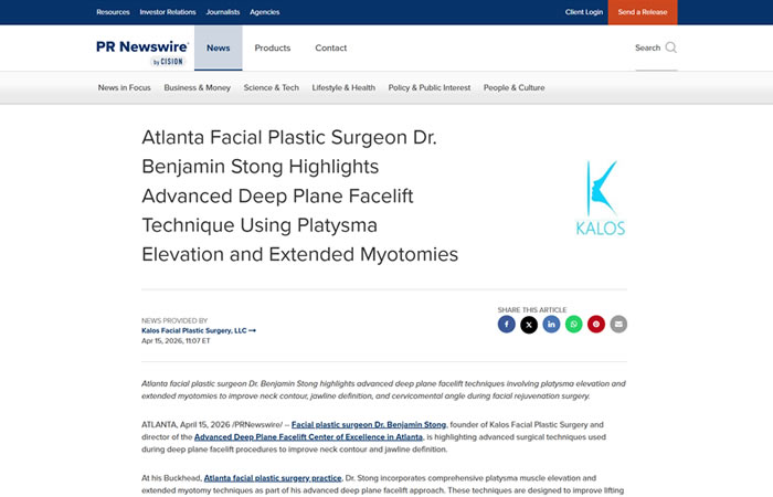 Screenshot of a PR Newswire article announcing that Dr. Benjamin Stong highlights a new advanced facelift technique using platysma elevation and extended myotomies.
