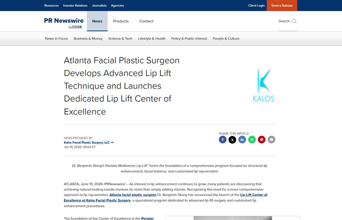 Screenshot of a PR Newswire article titled: Atlanta Facial Plastic Surgeon Develops Advanced Lip Lift Technique and Launches Dedicated Lip Lift Center of Excellence
