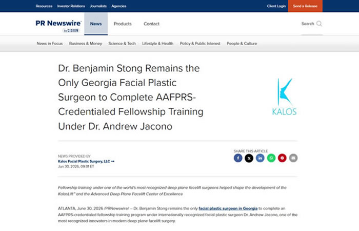 Screenshot of a PR Newswire article announcing Dr. Benjamin Stong Remains the Only Georgia Facial Plastic Surgeon to Complete AAFPRS-Credentialed Fellowship Training Under Dr. Andrew Jacono